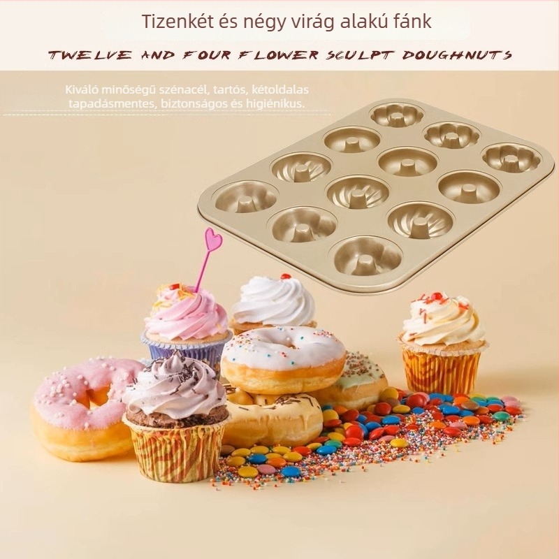 Torta- és fánkforma három virág mintával, 6 és 9 rekesz, szénacél, arany, 28×16×3 cm