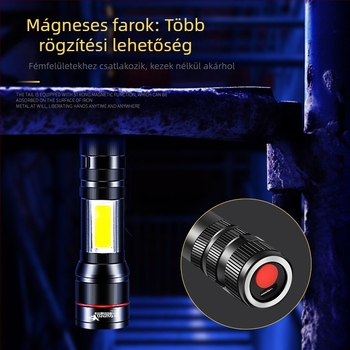 Kézben fogható zseblámpa erős mágneses munkalámpával, 3W LED, 1200 mA kapacitás, 100 m hatótáv, újratölthető