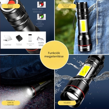 Kézben fogható zseblámpa erős mágneses munkalámpával, 3W LED, 1200 mA kapacitás, 100 m hatótáv, újratölthető