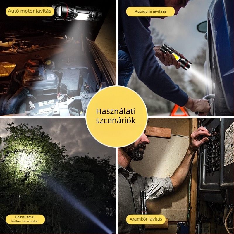 Kézben fogható zseblámpa erős mágneses munkalámpával, 3W LED, 1200 mA kapacitás, 100 m hatótáv, újratölthető