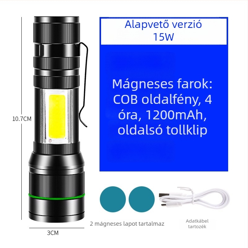 Kézben fogható zseblámpa erős mágneses munkalámpával, 3W LED, 1200 mA kapacitás, 100 m hatótáv, újratölthető