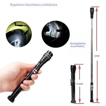 Mágneses görbült teleszkópos LED elemlámpa, alumínium ötvözet test, 3 LED, akkumulátoros működtetés, 360°-os forgás