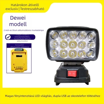 Dewalt lítium akkumulátorral kompatibil LED munkalámpa, kettős USB-vel – vészhelyzeti hordozható világítás
