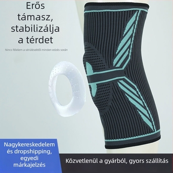 Hosszú kötött térdvédő patella támasztóval, szilikon csúszásmentes, lélegző ütéscsillapítás sporthoz és kerékpározáshoz