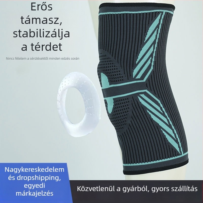 Hosszú kötött térdvédő patella támasztóval, szilikon csúszásmentes, lélegző ütéscsillapítás sporthoz és kerékpározáshoz