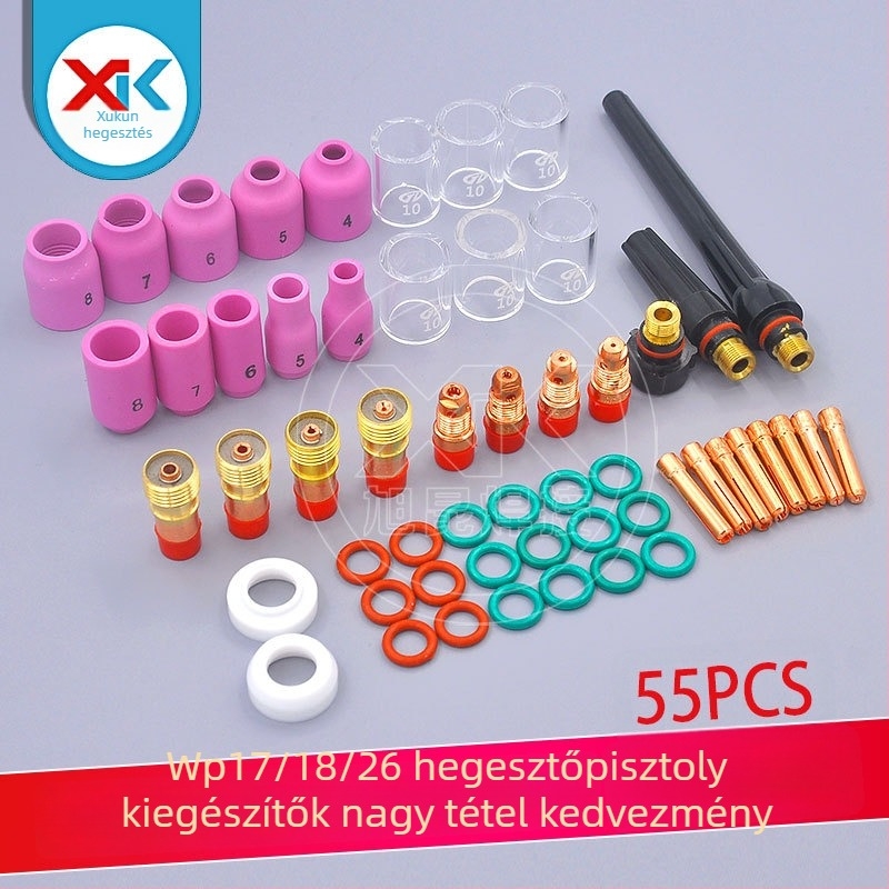 55 darab TIG hegesztőpisztoly WP17/18/26 kompatibilis tartozék – fúvóka, elektróda rögzítő sapka és csatlakozó test argon ívhegesztéshez
