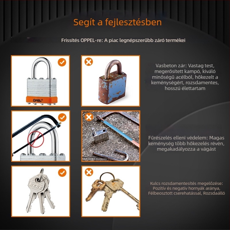 OPEL háztartási lakat vas testtel és rézcylinderrel, modell QC, porálló, raktárakhoz, szekrényekhez, poggyászhoz és építkezésekhez