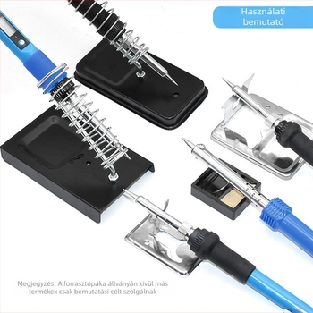 Rozsdamentes acélból készült forrasztópáka állvány Y- és A-típusú tartókkal; belső 8–20 mm-es hornyával; horny mélysége 5 mm; elektromos forrasztó vasak számára.