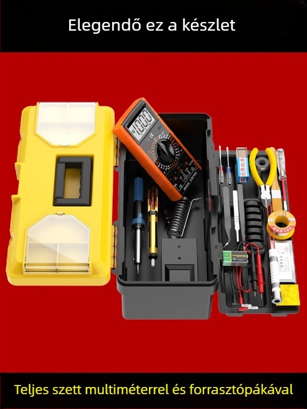 Professzionális elektronikai javító készlet: multiméter és forrasztóvas, eszköztárolóval, állandó hőmérsékletű funkcióval, otthoni és diákképzésre