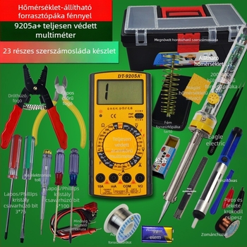 23 részes készlet: multiméter és állítható hőmérsékletű forrasztóvas otthoni elektronikai javításra