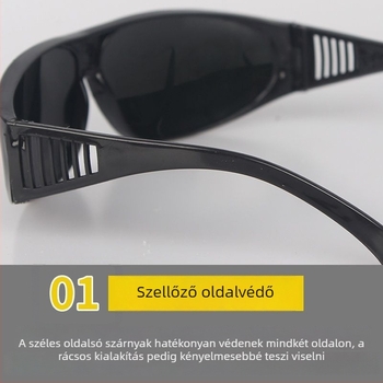 Hegesztő szemüveg – Üvegből készült lencsék, 1.0 mm vastagság; védelem a hegesztés okozta fényesség ellen, argon ív fényesség elleni védelem, és másodlagos védelem.