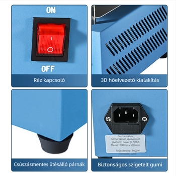 Állandó hőmérsékletű elektromos fűtőlemez, 200×200 mm, 6061 alumínium, modell JF-956A, 1000 W, fűtésre, előmelegítésre és LED-diódák forrasztásához