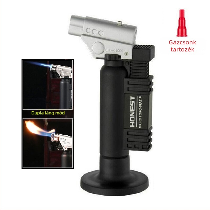 Hordozható bután üzemű gázlángpisztoly torták sütéséhez, ékszerekhez, szemüveghez és fogászati hegesztéshez — ötvözet + ABS műanyag kivitel, szélálló, világítással, 500°C-ig