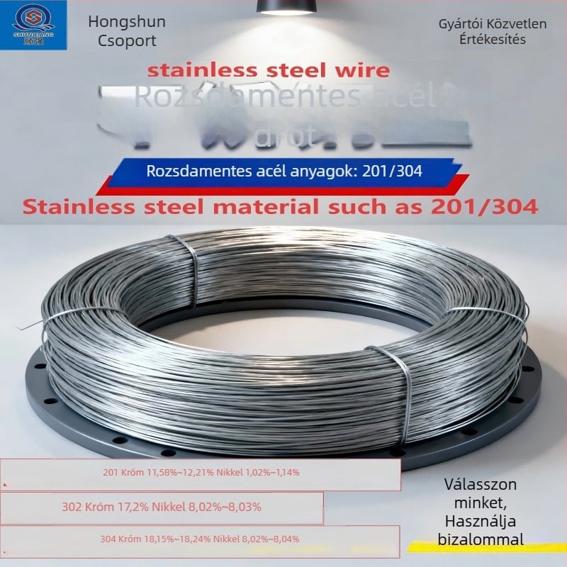 Rozsdamentes acél huzal (201/302/304 osztályok), fényes felület; puha huzal, kemény huzal vagy egyszálas huzal; testre szabható