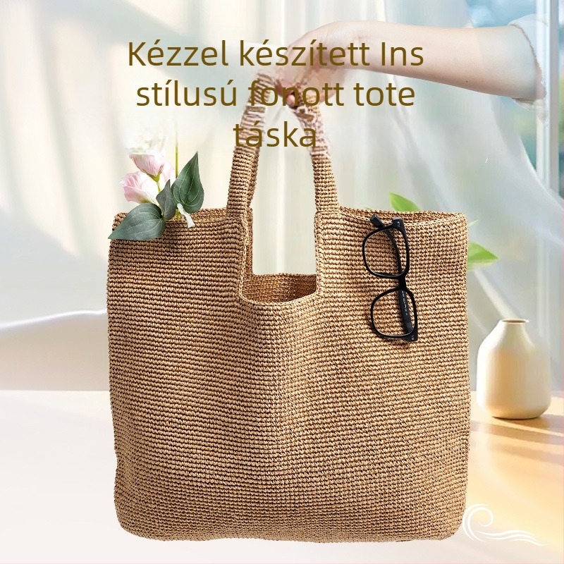 Szalmából készült fonott válltáska, városi egyszerű stílus, vízszintes négyszögletes forma, belső zipzáras zseb, dupla vállpánt, ősz 2024