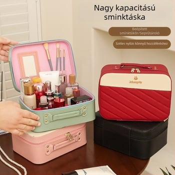 Utazó sminktáska, nagy kapacitású, uniszex (PU anyag, cipzár, univerzális kerekek, vízálló, 550 g)