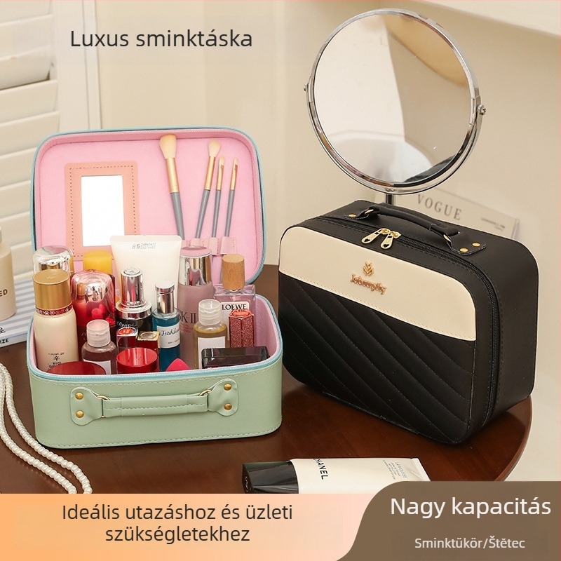 Utazó sminktáska, nagy kapacitású, uniszex (PU anyag, cipzár, univerzális kerekek, vízálló, 550 g)