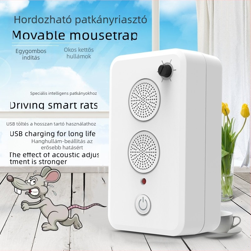 Hordozható, újratölthető ultrahangos egérriasztó, otthoni használatra