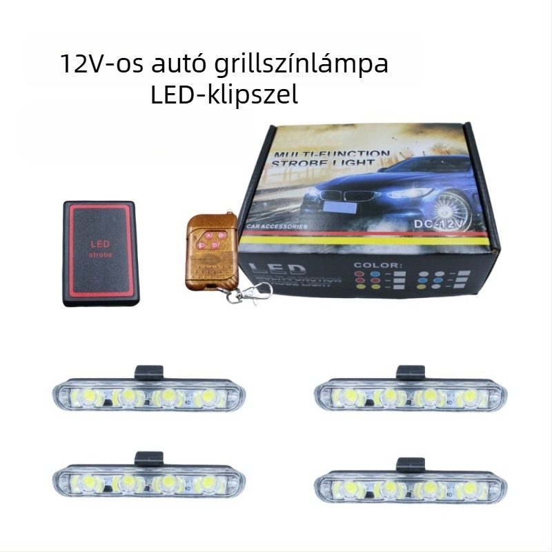 12V vezeték nélküli távirányítós autó grillrács stroboszkóp LED, 16 LED, clip