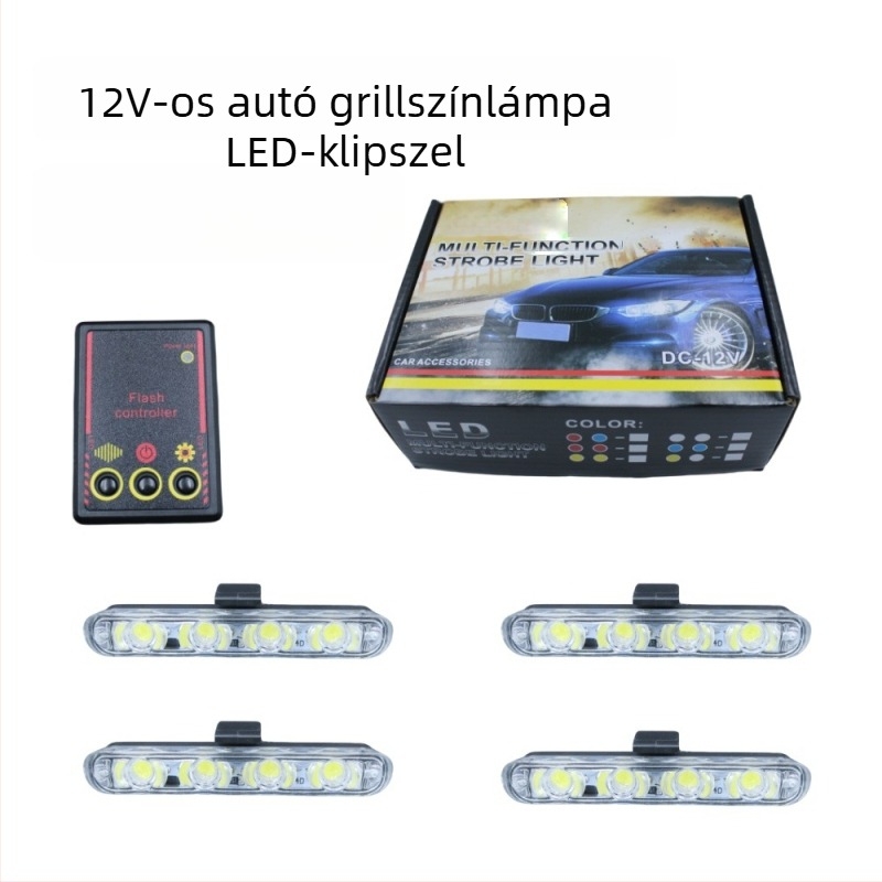 12V vezeték nélküli távirányítós autó grillrács stroboszkóp LED, 16 LED, clip