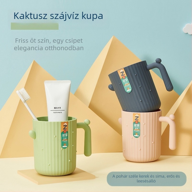 Kaktusz mintázatú szájöblítő pohár, PP műanyag, kerek, egy rétegű, fogantyúval, hőálló, 62 g