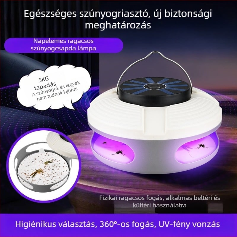 Ragasztós szúnyogirtó lámpa - Napelemes, UV-A fény, beltéri/kültéri használat, 10 m²-es lefedettség, 8–12 óra üzemidő