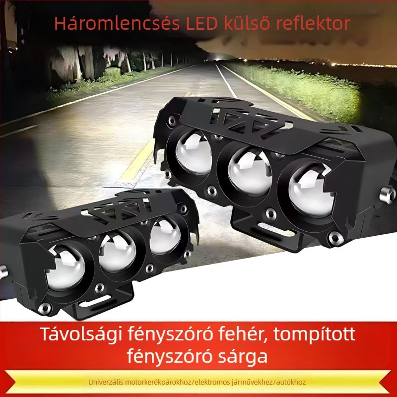 Motorkerékpárhoz külső LED-reflektor lencsével, három- vagy négy LED-es, magas és alacsony fénysugár, ultra‑fényes LED világítás