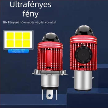 Motorkerékpár LED fényszóró beépített fisheye lencsével, kettős csiptető tartó, H4 kétfényű