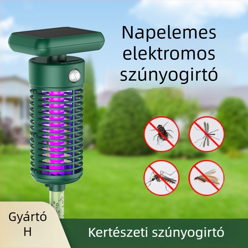 Kültéri napelemes szúnyogirtó lámpa, áramütéses technológiával, UV-fény csapdával, 2000V kimenet, 100 m² feletti lefedettség, újratölthető lítium akkumulátor