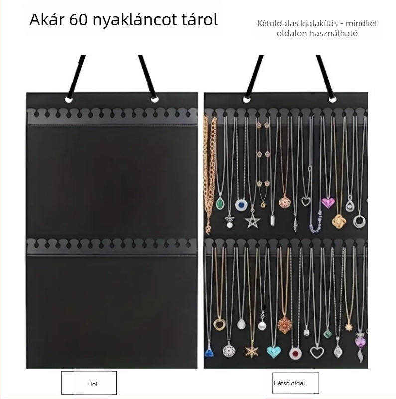 Nyaklánctároló táska — filc és bőr, falra akasztható, kétszintes szervező, többfunkciós és hordozható