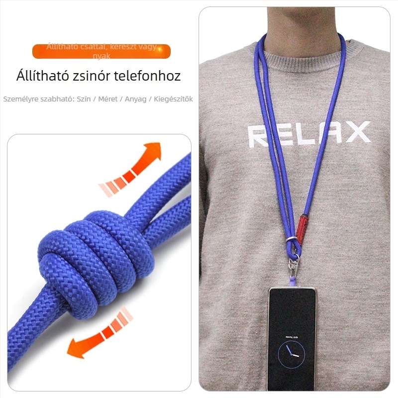 Telefonnyakpánt fémcsattal, ötvözet test, uniszex dizájn, poliészter zsinór, logónyomtatás elérhető