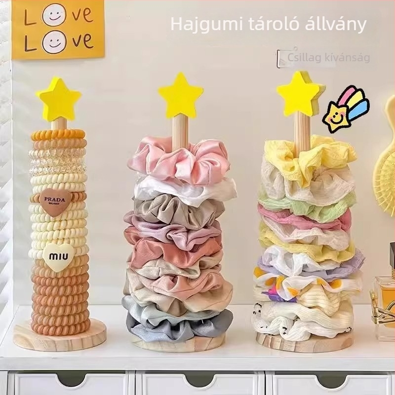 Fából készült ékszer- és hajkiegészítő kiállító állvány, hajgumi tárolóval