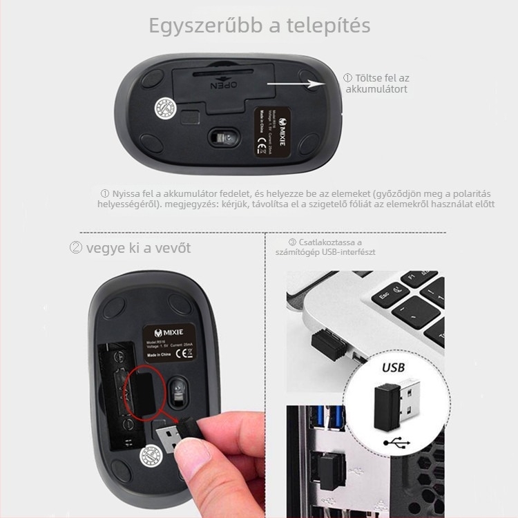 R516 vezeték nélküli egér laptop és asztali számítógéphez, USB vevő, 2,4 GHz, 1000 DPI, 3 gomb, ergonomikus kialakítás