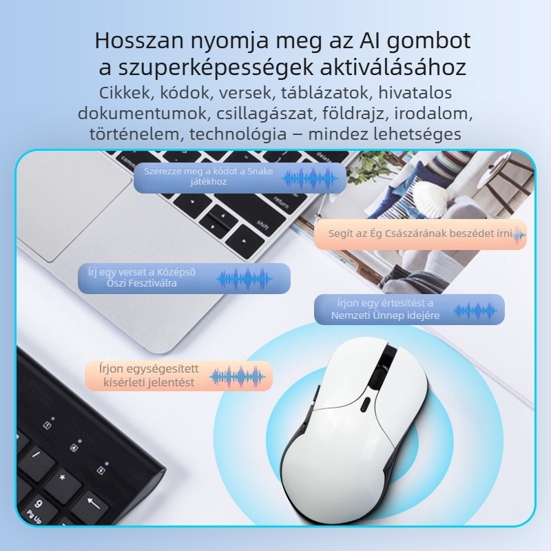 M5 AI hárommódú vezeték nélküli optikai egér, 4000 DPI, 6 gomb, USB-vevő, 2.4G/Bluetooth, ergonómikus