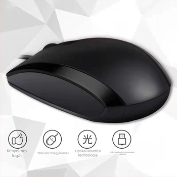 Optikai USB vezetékes egér, 1600dpi, 3 gomb, ergonómikus, kompatibilis asztali számítógéppel, 1,5 m kábel
