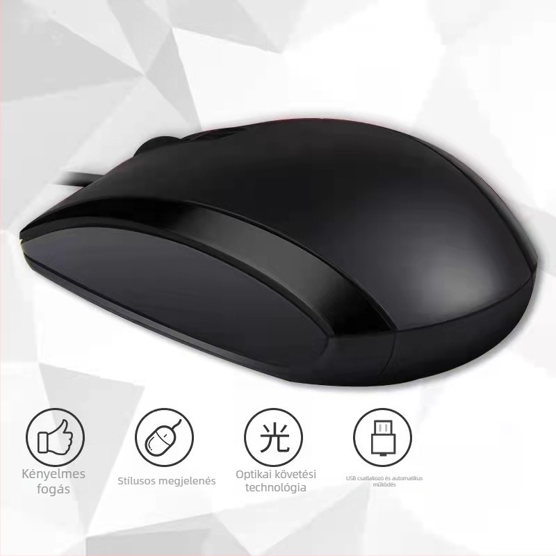 Optikai USB vezetékes egér, 1600dpi, 3 gomb, ergonómikus, kompatibilis asztali számítógéppel, 1,5 m kábel