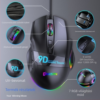 Gamer egér X10, 9 gomb, USB vezetékes, 12000 DPI, hat szintű DPI-állítás, ergonomikus kialakítás