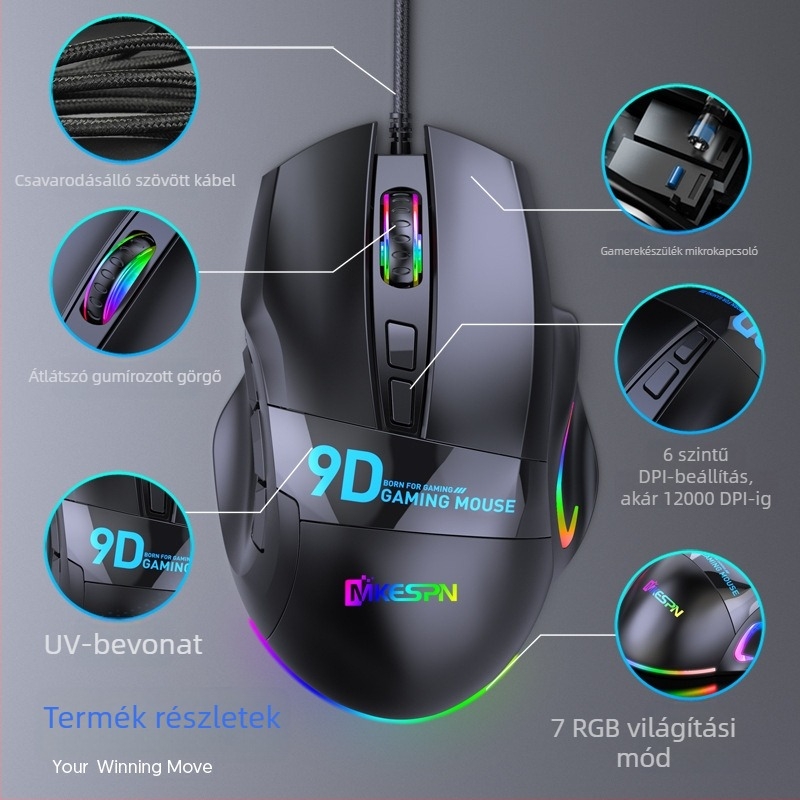 Gamer egér X10, 9 gomb, USB vezetékes, 12000 DPI, hat szintű DPI-állítás, ergonomikus kialakítás