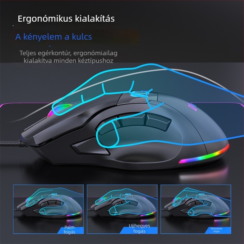 Gamer egér X10, 9 gomb, USB vezetékes, 12000 DPI, hat szintű DPI-állítás, ergonomikus kialakítás