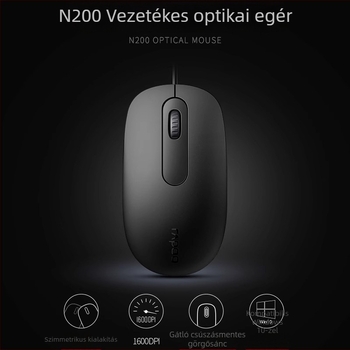 N200 optikai egér, USB, 1200 DPI, 3 gomb, asztali számítógépekhez, 1 m kábel