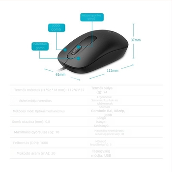 N200 optikai egér, USB, 1200 DPI, 3 gomb, asztali számítógépekhez, 1 m kábel
