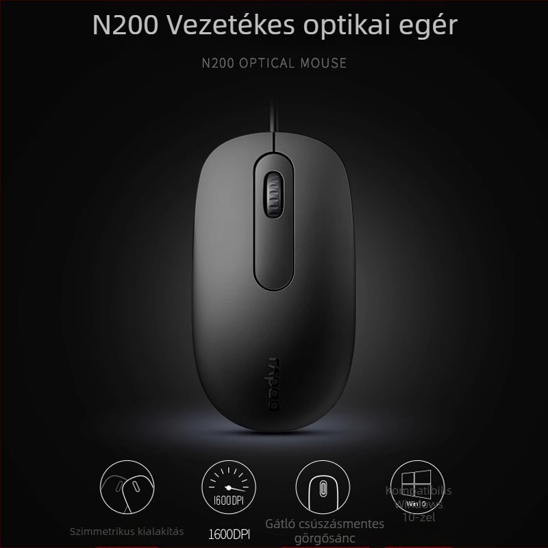 N200 optikai egér, USB, 1200 DPI, 3 gomb, asztali számítógépekhez, 1 m kábel