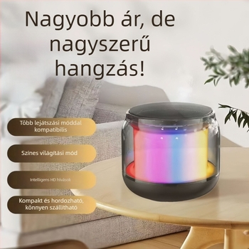 Üveg dizájnú Bluetooth hangszóró, több bemeneti lehetőség (Bluetooth/AUX/SD), 40 Hz–20 kHz, SNR ≥100 dB, IPX4, beépített 1200–2000 mAh akkumulátor