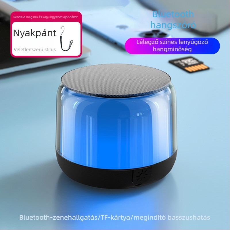 Üveg dizájnú Bluetooth hangszóró, több bemeneti lehetőség (Bluetooth/AUX/SD), 40 Hz–20 kHz, SNR ≥100 dB, IPX4, beépített 1200–2000 mAh akkumulátor