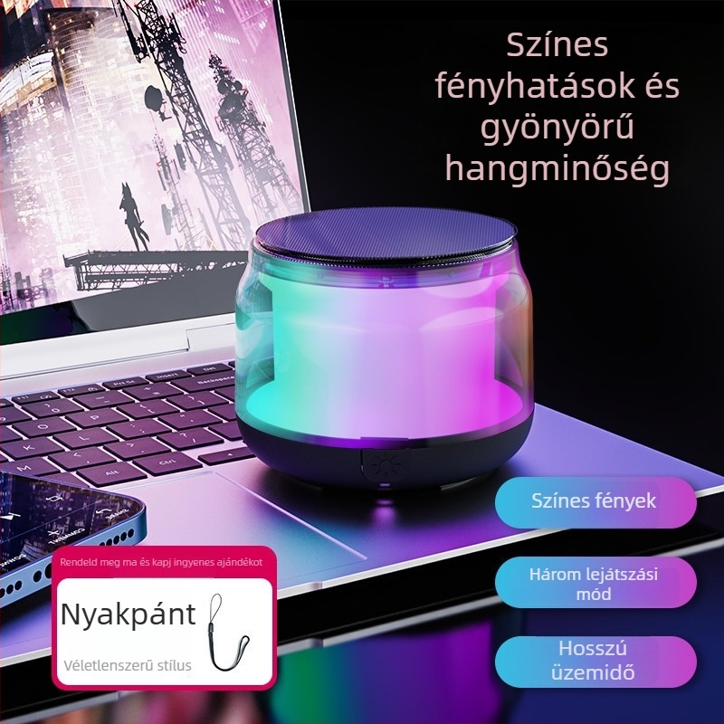 Üveg dizájnú Bluetooth hangszóró, több bemeneti lehetőség (Bluetooth/AUX/SD), 40 Hz–20 kHz, SNR ≥100 dB, IPX4, beépített 1200–2000 mAh akkumulátor