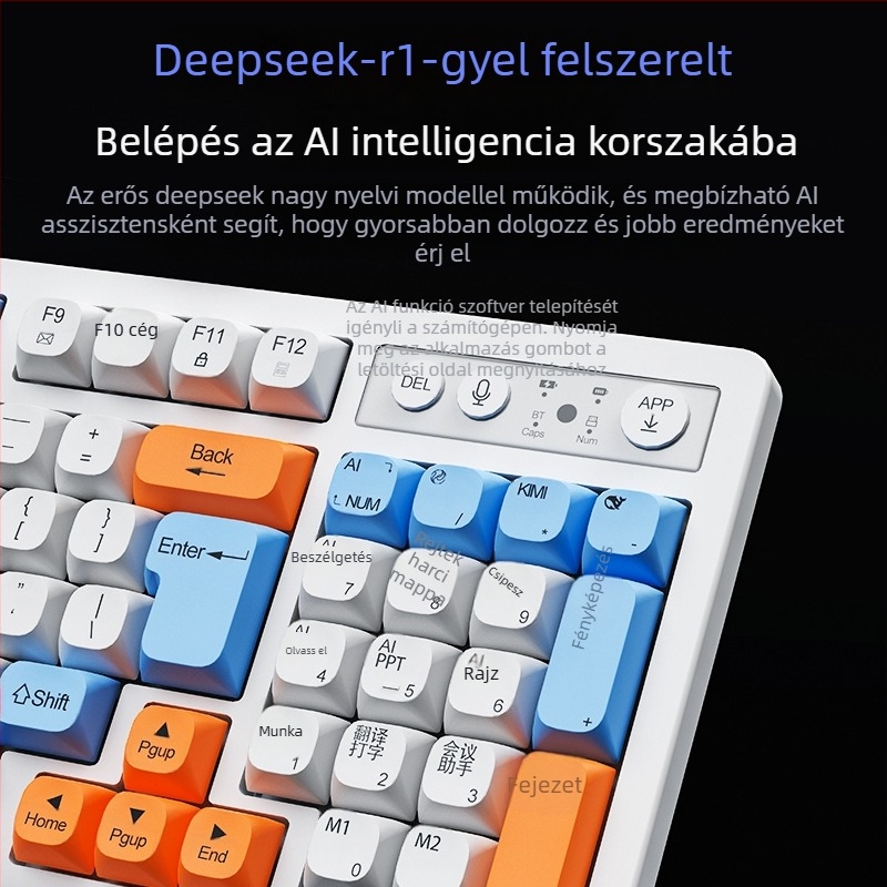 AI intelligens billentyűzet három móddal: USB-C kábeles, 2.4G vezeték nélküli, Bluetooth – 104 billentyű, ergonómikus, testreszabható OEM/ODM