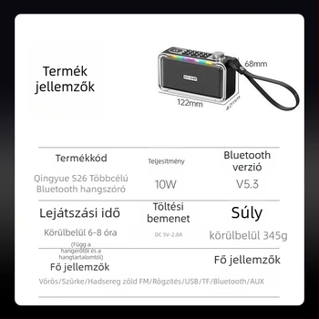 Qingyue S26 Bluetooth hangfal kettős Hi‑Fi meghajtókkal, 10W kimenet, beépített 2000–4000mAh akkumulátor, Bluetooth 5.3, 100Hz–20kHz, SNR ≥75dB