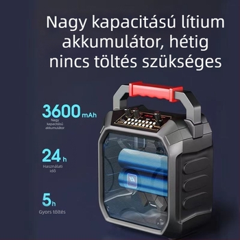 Hordozható Bluetooth karaoke hangszóró kültéren – 20W, beépített akkumulátor 2000–4000 mAh, Bluetooth 5.0, 100 Hz–20 kHz, SNR ≥85 dB
