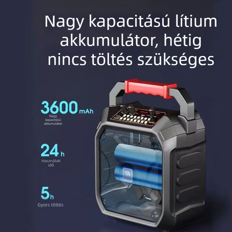 Hordozható Bluetooth karaoke hangszóró kültéren – 20W, beépített akkumulátor 2000–4000 mAh, Bluetooth 5.0, 100 Hz–20 kHz, SNR ≥85 dB