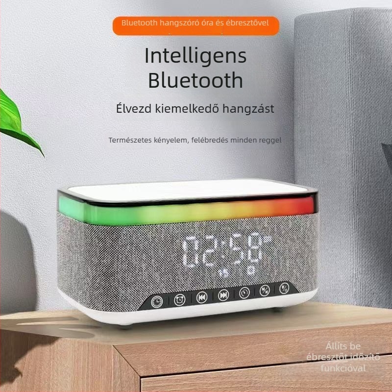 Bluetooth hangfal LED világítással és vezeték nélküli töltéssel – BT 5.2, 100 Hz–20 kHz, SNR ≥60 dB, 15 W, beépített akkumulátor 1200–2000 mAh